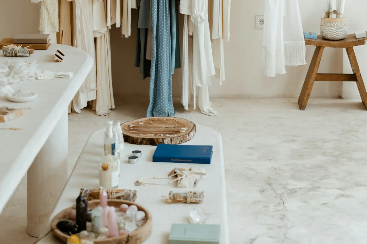 Clothing and accessories displayed in a boutique